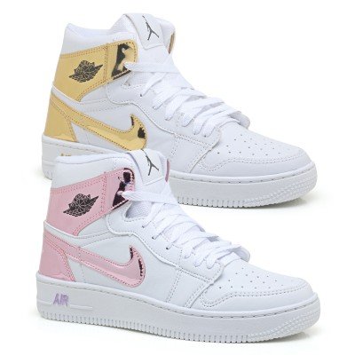 Kit 2 Tênis Bota Nike Air Jordan Branco Dourado e Branco Rosa